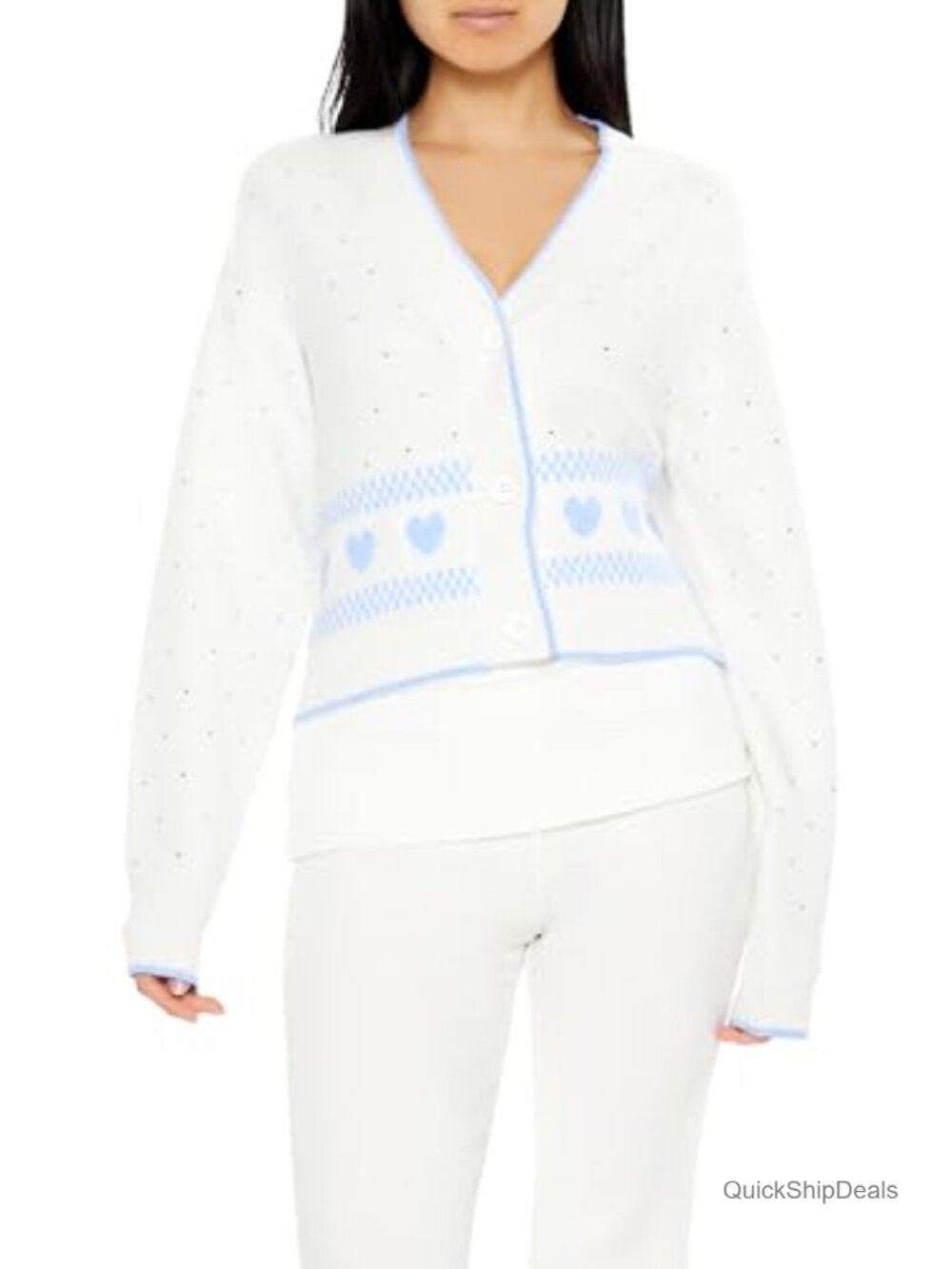 Forever 21 Fair Isle Heart Cardigan Sweater Button Front Long Sleeve V-Neck